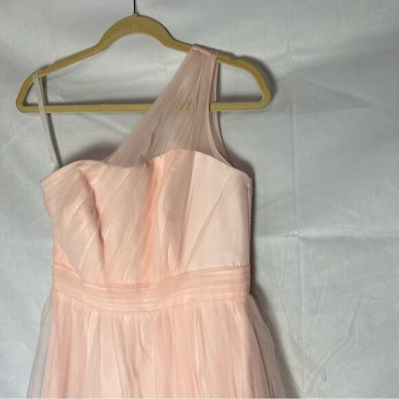 David’s Bridal Peachy Pink Tulle One Shoulder Mini Bridesmaid Dress Size 4 - Picture 4 of 5